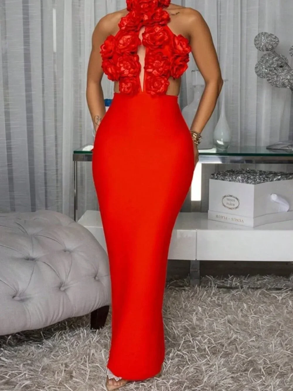 Red Sexy Halterneck Women's Elegant Large Flower Hip-Hugging Evening Dress